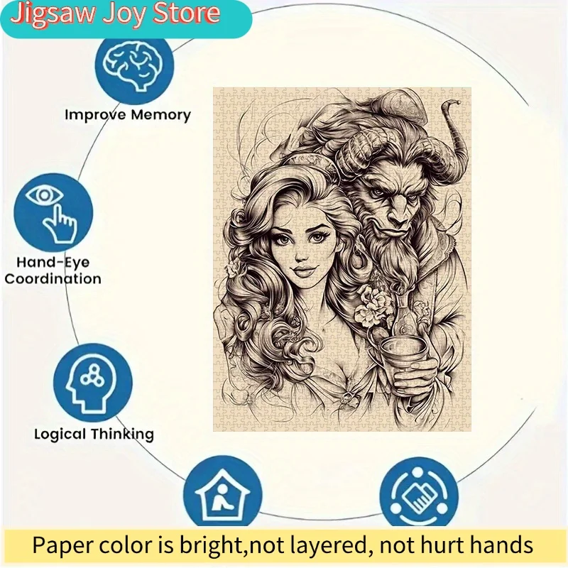 Puzzle 500 elementów Disney, papierowe puzzle DIY z piękną kobietą i Bestią, romantyczna ręcznie rysowana ilustracja, gruby biały karton.