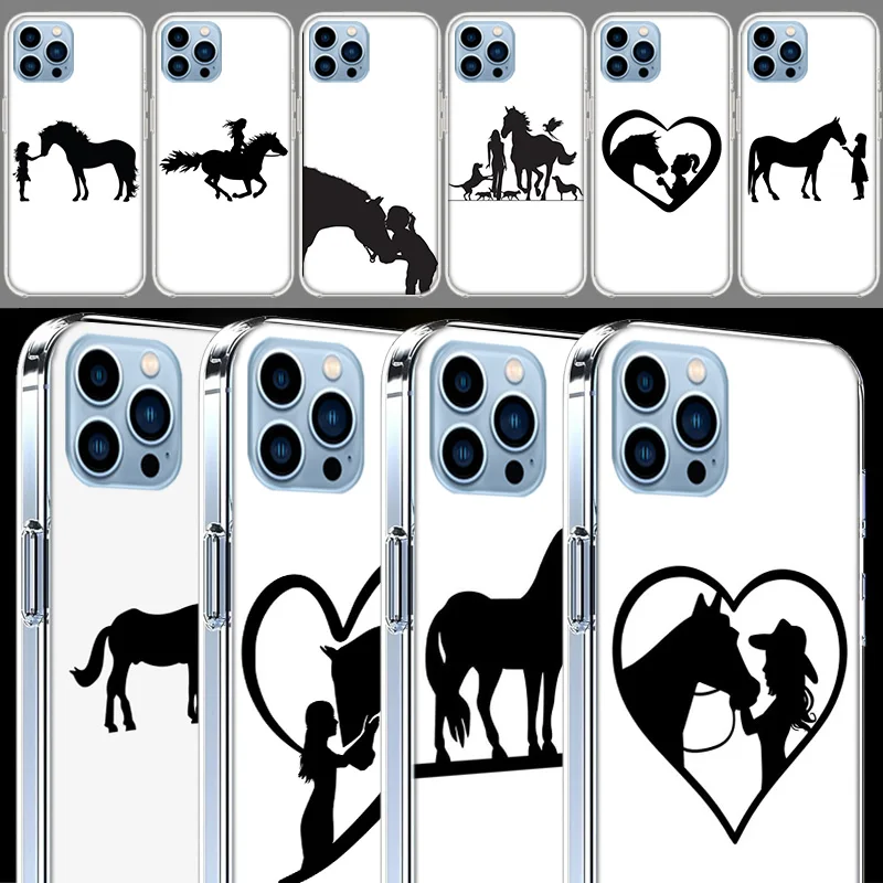 Black Shadow Horse Clear For Apple iPhone 16 15 Pro Max Cover 14 Plus 13 12 Mini 11 Pro XR XS Max Phone Case Silicone TPU Cute F