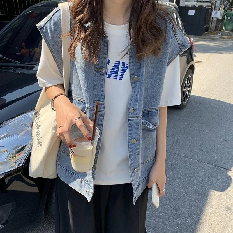 

Vests Women Vintage Denim Street Style Solid Korean Fashion Sleeveless Ladies Casual Turn Down Collar Mujer Single Breasted Cozy