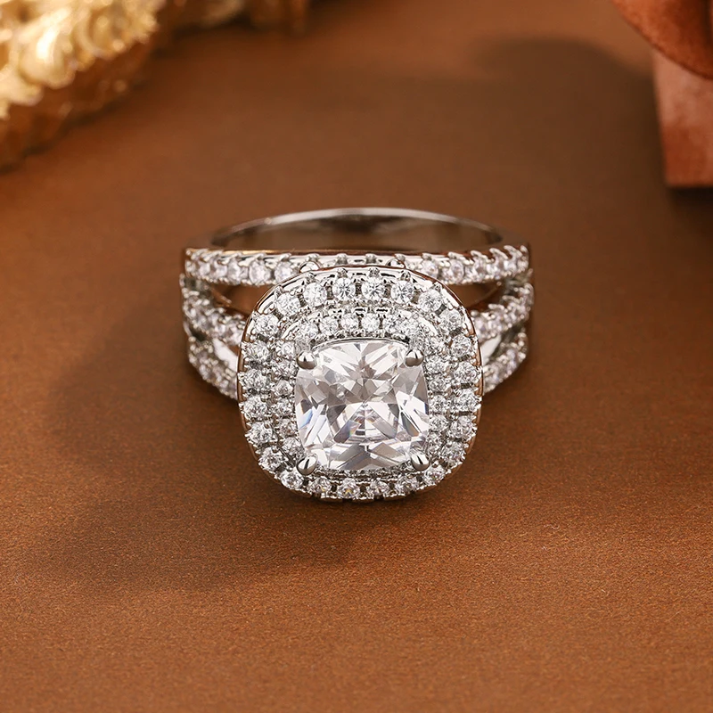 

925 Silver Plated Square Cubic Zirconia Ring for Women's Fashion Water Drop Shining Elegant Wedding Banquet Jewelry
