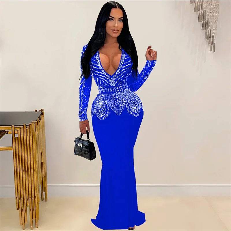 ชุดราตรีประดับเพชรระยิบระยับ Doyerl สำหรับงานวันเกิด ผู้หญิง ชุดราตรีออกงาน แขนยาว คอวี ชุดออกงานกลางคืน ชุดไปงานพรอม