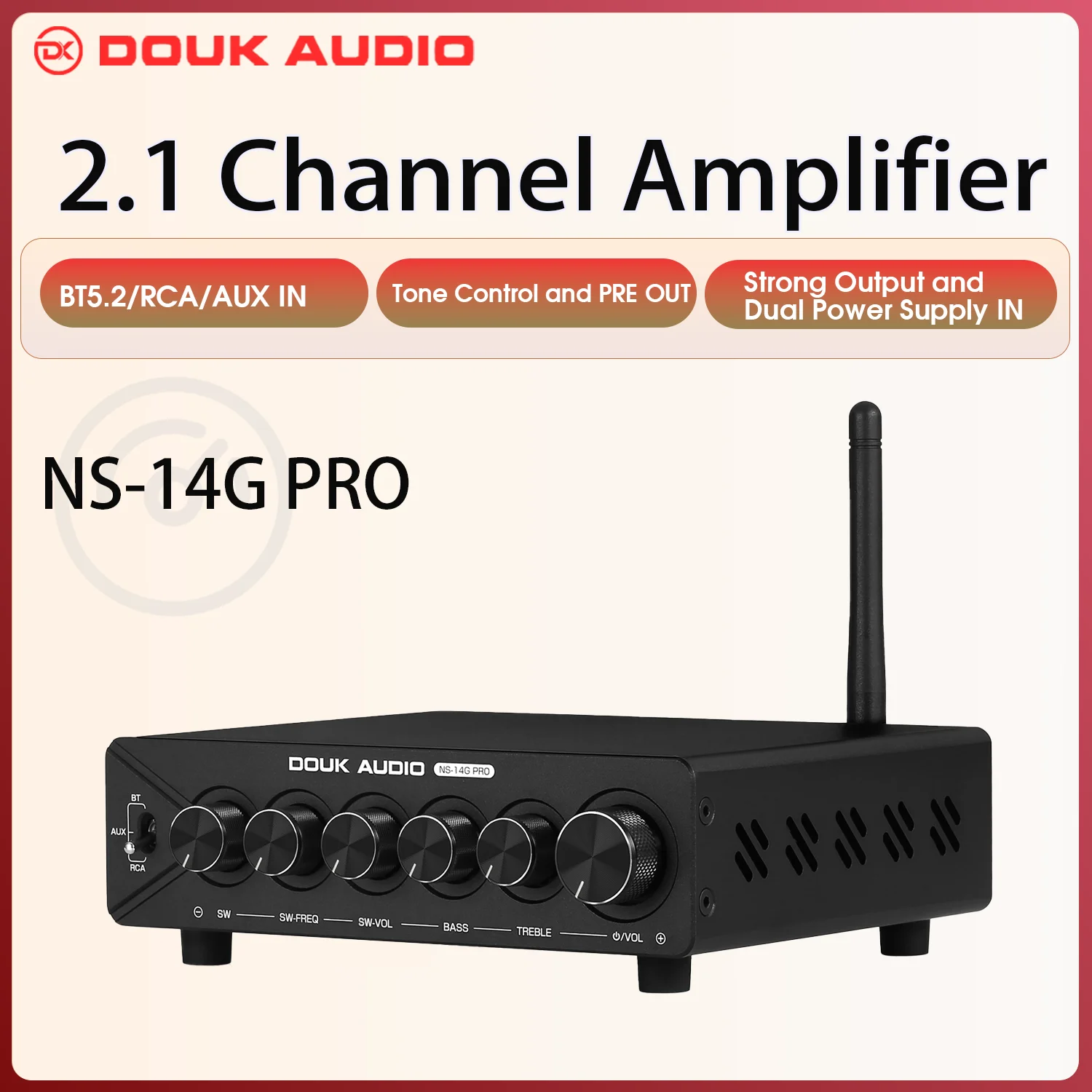 Douk Audio NS-14G-PRO HiFi 2.1 canais Bluetooth TPA3255 Amplificador digital Subwoofer Amplificador de potência de áudio estéreo 300W