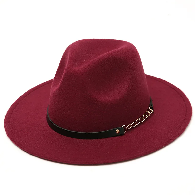 Autumn And Winter Trendy Simple Wool Felt Big Brim Hat Men And Women Woolen Chain Hat British Style Classic Retro Jazz Hat 1pcs