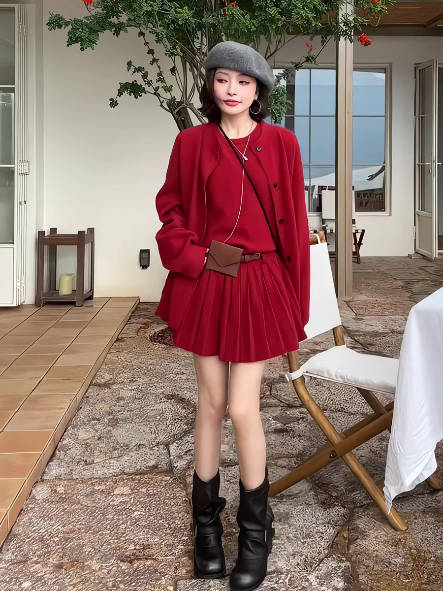 

Casual Knitted Open Cardigan round Neck Sleeveless Pleated Vest Skirt Set Women's Fashion Autumn 2026 Size Leisure Outer...