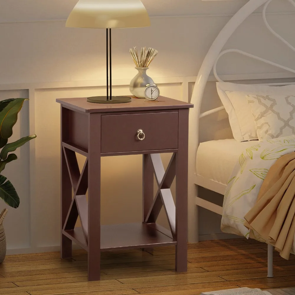 Side Intersection Style Bedside Table Coffee Table with Two-layer Drawer Brown, Nightstands