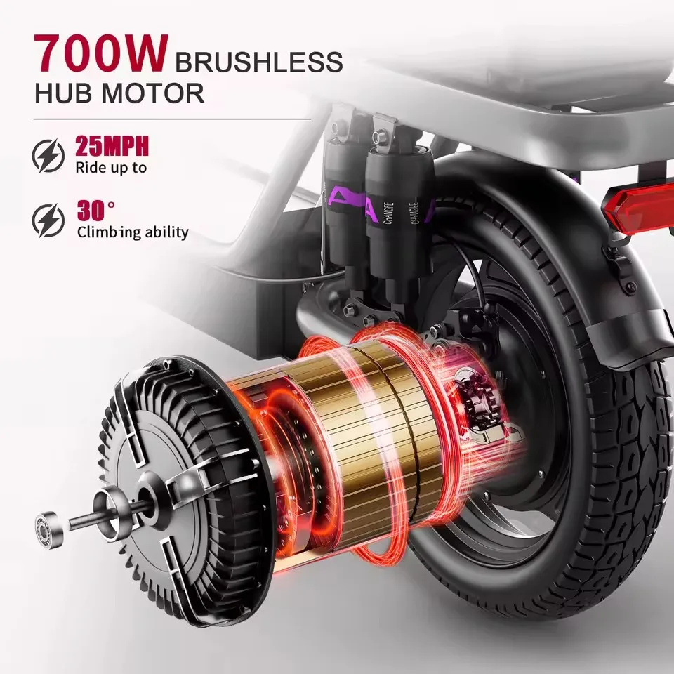 성인용 접이식 전동 스쿠터, 700W 피크 모터 48V 17.5Ah 최대 하중 300lbs, 10단 완충 접이식 모터 전동 스쿠터