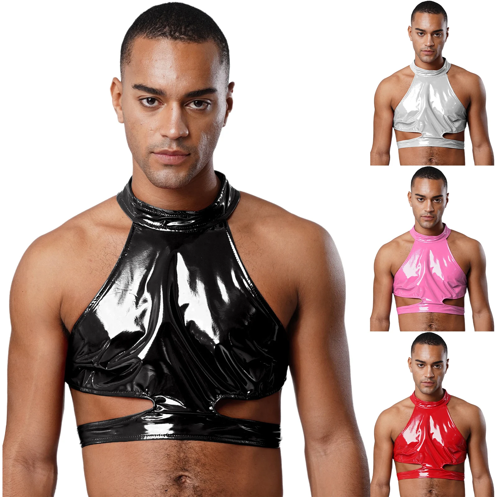 Mannen PU Lederen Mini Tank Tops Halter Mouwloos Navel Blootgesteld Cropped Vest voor Party Rave Nachtclub Bar Disco Dance Crop Tops