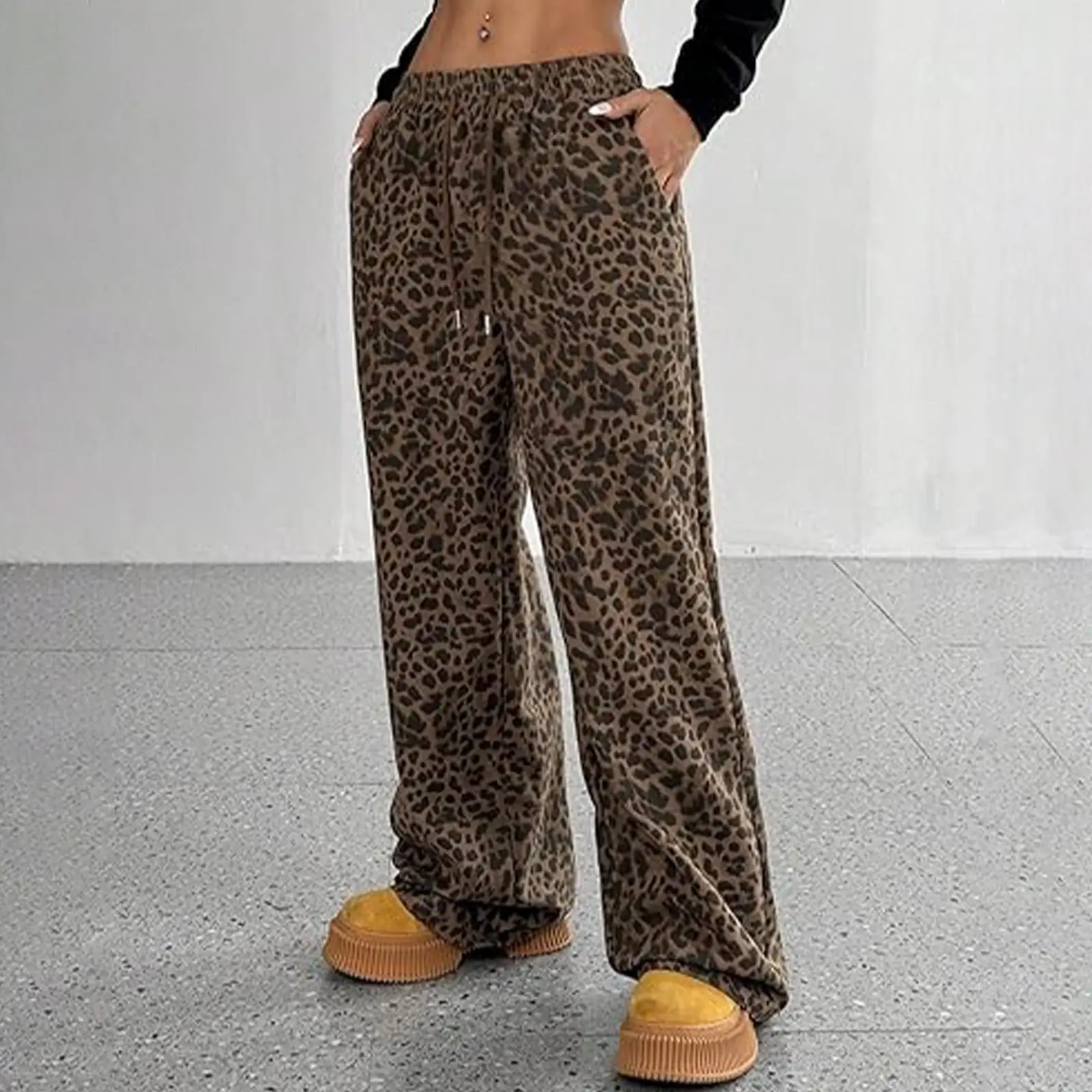 กางเกงขายาวทรงหลวมลายเสือดาวสไตล์ลำลองสำหรับผู้หญิง