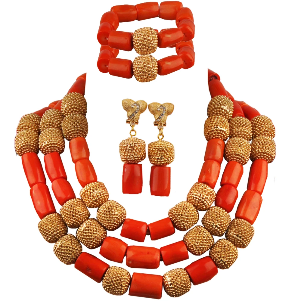 

Orange Nigerian Wedding Coral Necklace African Beads Jewelry Set for Women