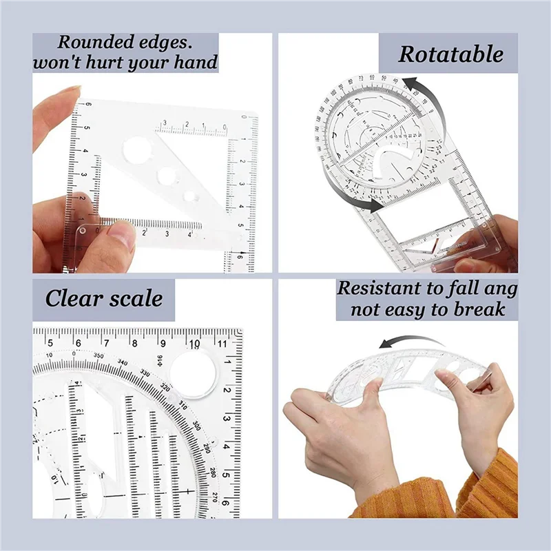 12 Pcs Multifunctional Geometric Ruler Drawing Tools Plastic Ruler Set Mathematics Measuring Circle Drawing Rulers