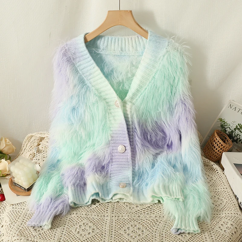 Colorful Striped Knitted Cardigan Sweater For Women\'s Autumn Winter 2023 Lazy Style Loose V-neck Sweet Comfortable Soft Coat