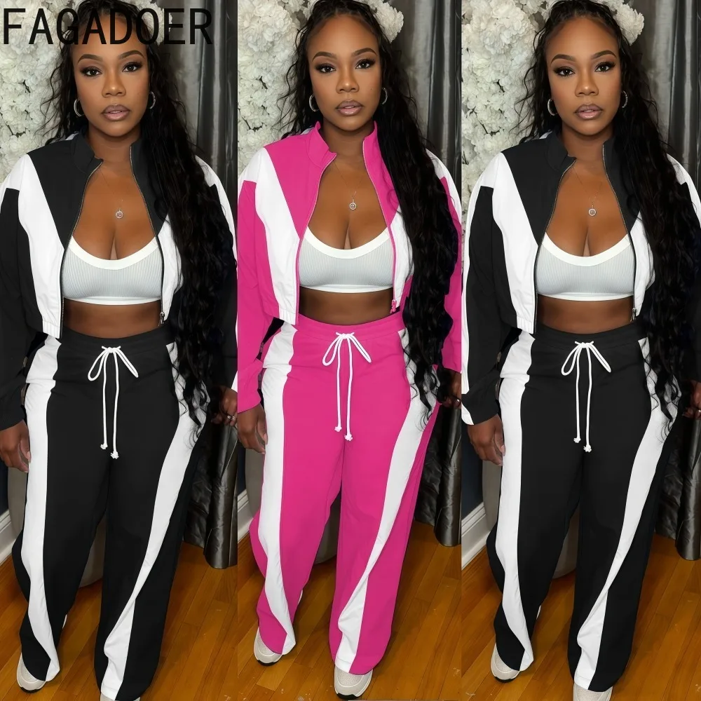 

FAGADOER Casual Stripe Patchwork Two Piece Outfits Woman Color Block Long Sleeves Crop Top and Pants Matching Female Streetwear