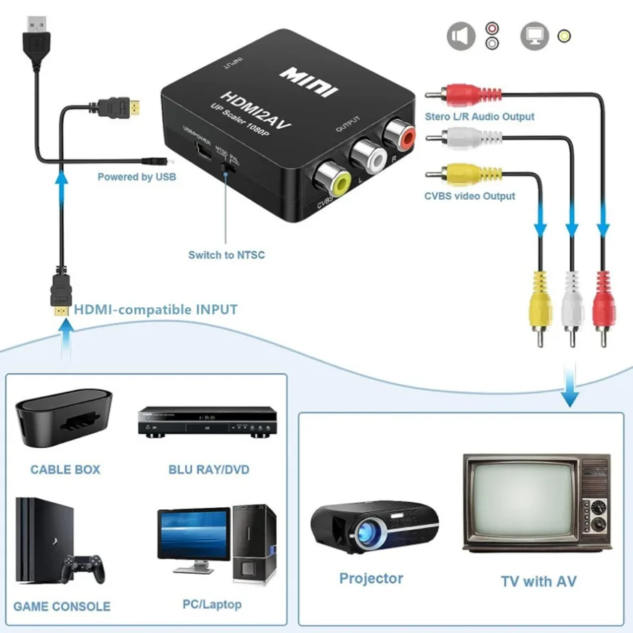 HDMI-متوافق مع AV RCA محول محول HD 1080P RCA AV CVSB LR فيديو مركب AV قشارة محول للكمبيوتر HDTV العارض