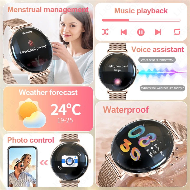 LIGE New Smart Watch Women 1.43 inch 466*466 AMOLED Screen IP68 Sports Waterproof Heart Rate Monitor Ladies Smartwatch Men Gift