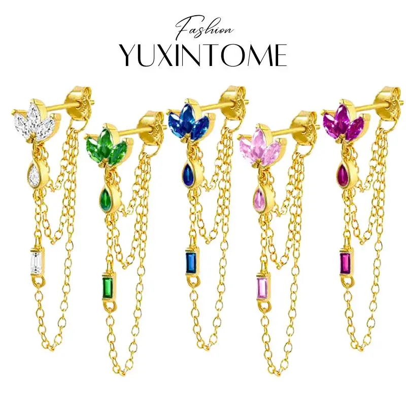 

925 Sterling Silver Needle Colorful Zircon Crown Horse Eye Chain Tassel Stud Earrings Women's Luxury Earrings Jewelry Gifts