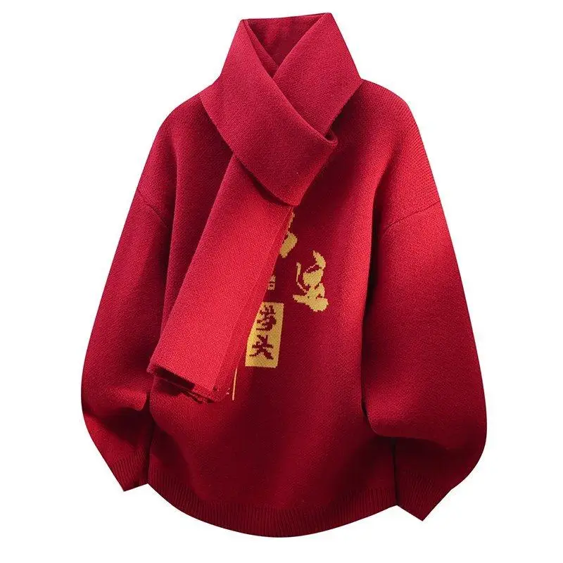 

2025 New Sle Men's Knitted Sweater Couple Winter Clothes Year Red Knitwear for Teens Casual Comfortable Mid-Thi Warm