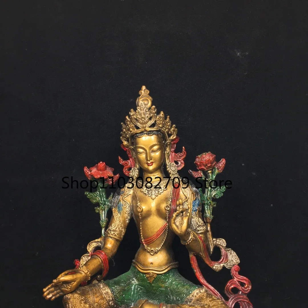 Tibetan brass gilt painted face green Tara Guanyin Bodhisattva Home Hall incense case supplies 22cm ornament