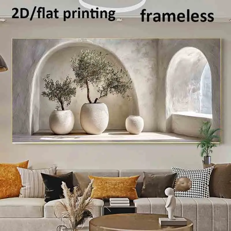 

2D Flat, Frameless Modern Poster White Pots Olive Trees, for Decorating Living Rooms And Bedrooms, And Other Holiday Gifts