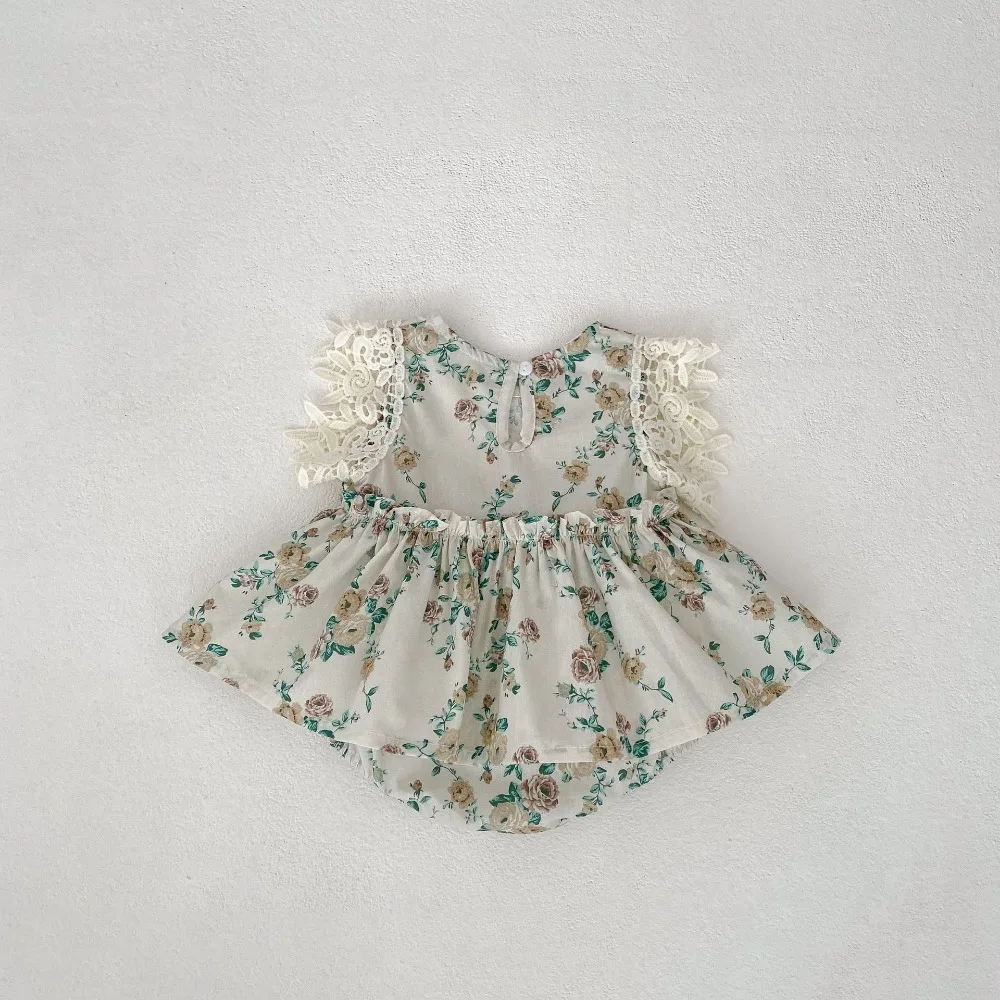 2025 Summer Baby Girl Romper 0-2Years Newborn Princess Lace Sleeve Skirted Flower Bodysuit Playsuit Outfits Clothes