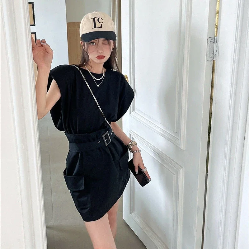 

Женские летние однотонные комплекты в корейском стиле, крутые винтажные простые майки без рукавов и мини-юбка трапециевидной формы из двух предметов, мягкие уличные комплекты