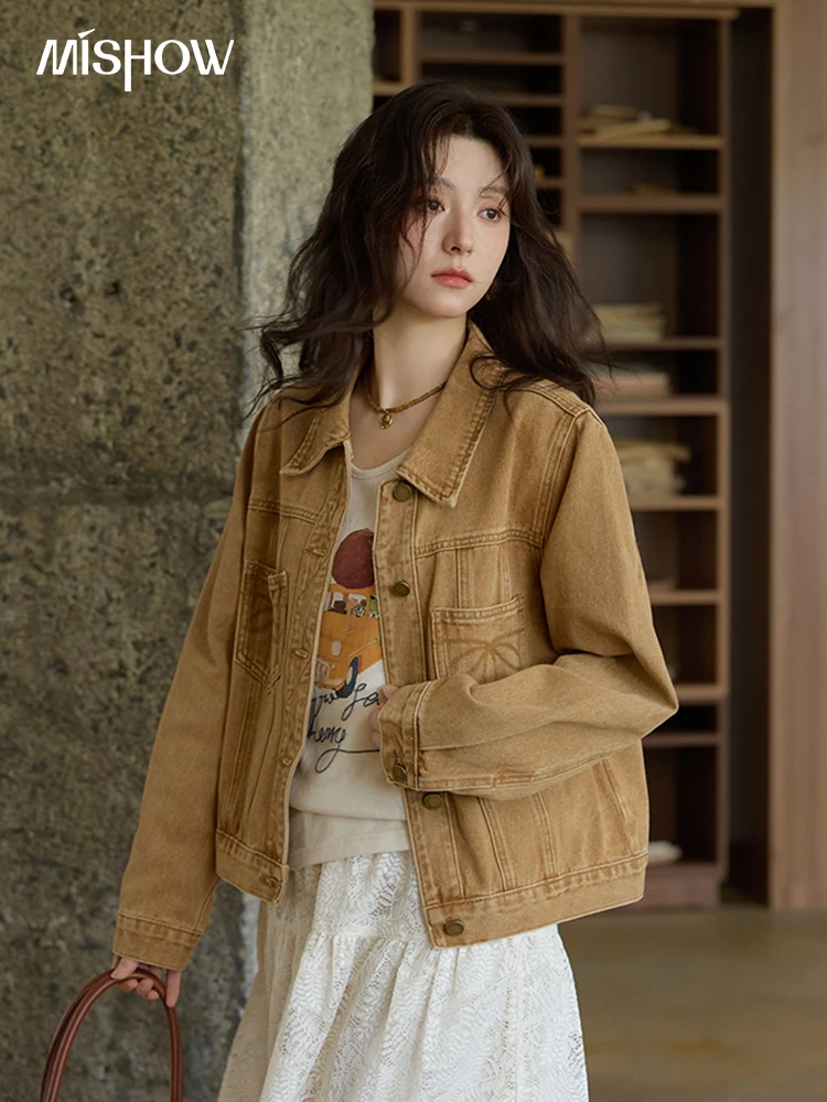 

MISHOW Light Brown Vintage Denim Jacket for Women 2025 Autumn Embroidered Pockets Dropped Sleeve Retro Loose Jacket MXE41W0795