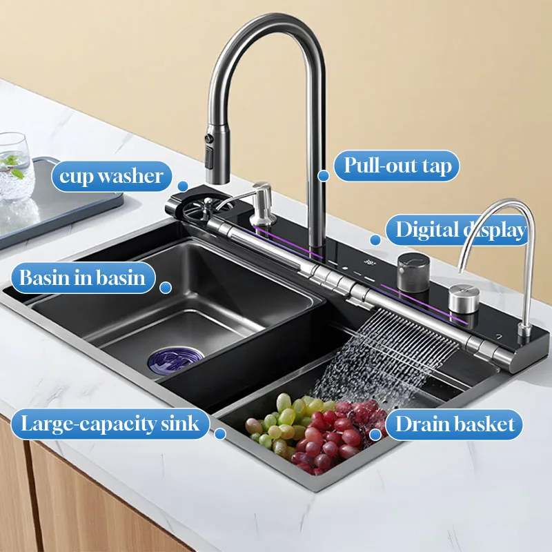

Double Waterfall Mode Kitchen Multifunctional Sink Piano key control Dual-track combination With Basin in Basin and Drain Basket