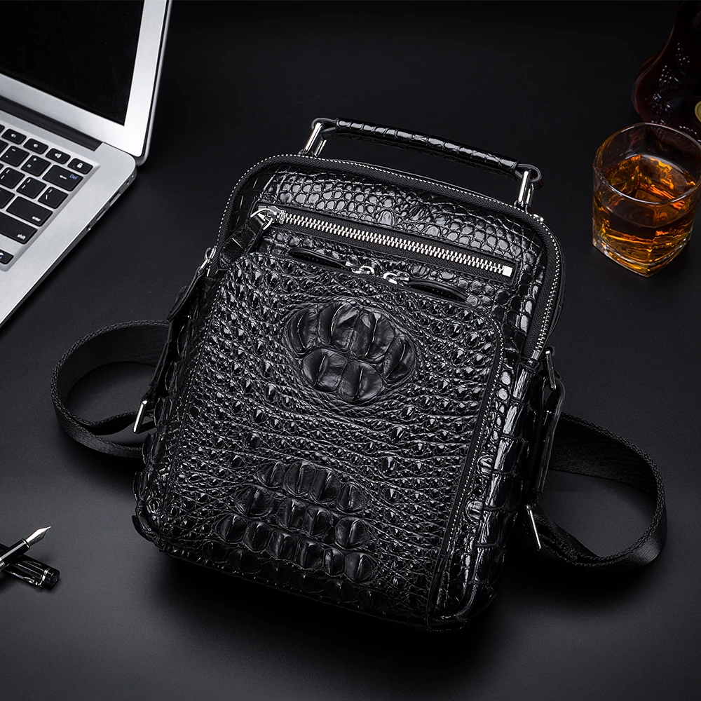 

Crocodile Pattern Top Layer Cowhide Men's Crossbody Bag Genuine Leather Handbag Men's Business Shoulder Wallet Black Coffee