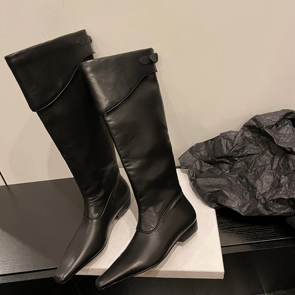 Botas planas hasta la rodilla para mujer, zapatos de cuero suave hasta el muslo, estilo moderno y elegante, cálidos para invierno