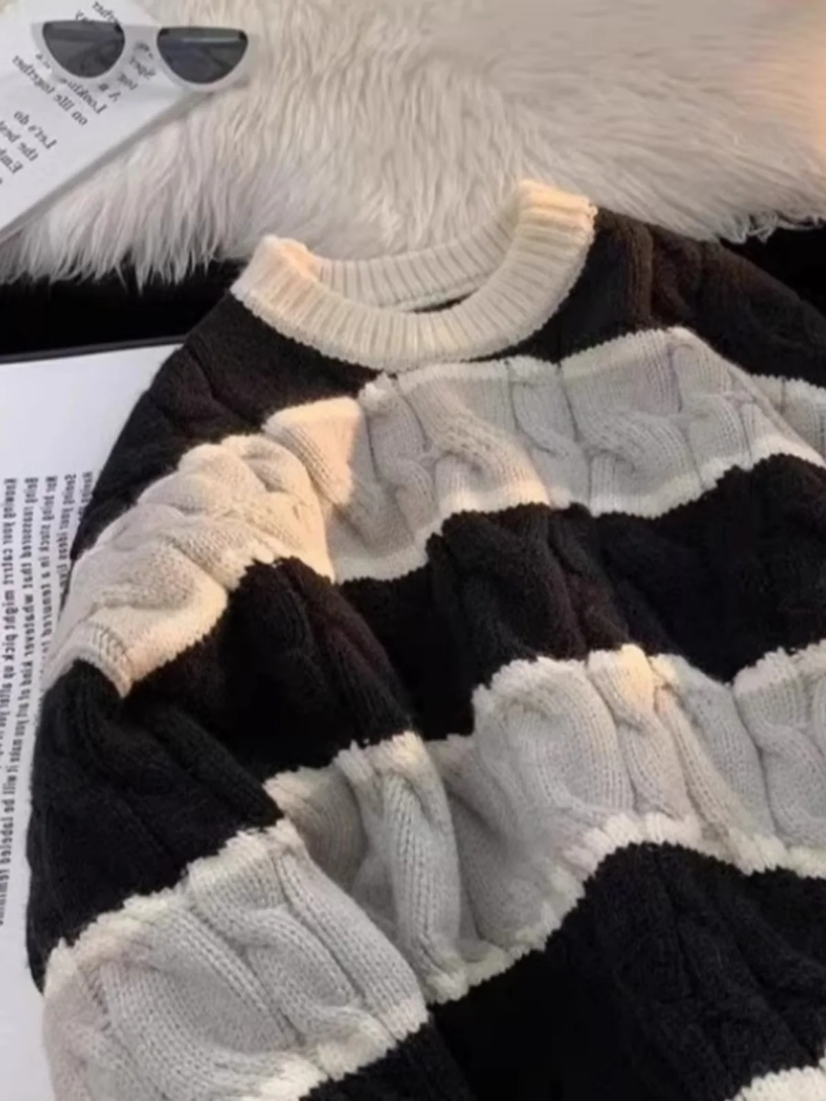 

Теплый вязаный свитер в полоску для мужчин, свободный крой, в стиле BF, морской пуловер, осенне-зимний, модный, винтажный, японский ретро-стиль, с узором «косы»