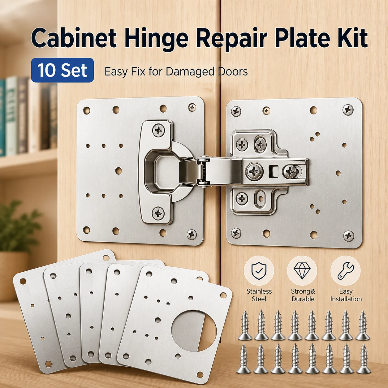 Stainless Steel Cabinet Door Hinge Repair Plate, Hinge Mounting Bracket Kit with Screws for Furniture Cabinet Repair Tools