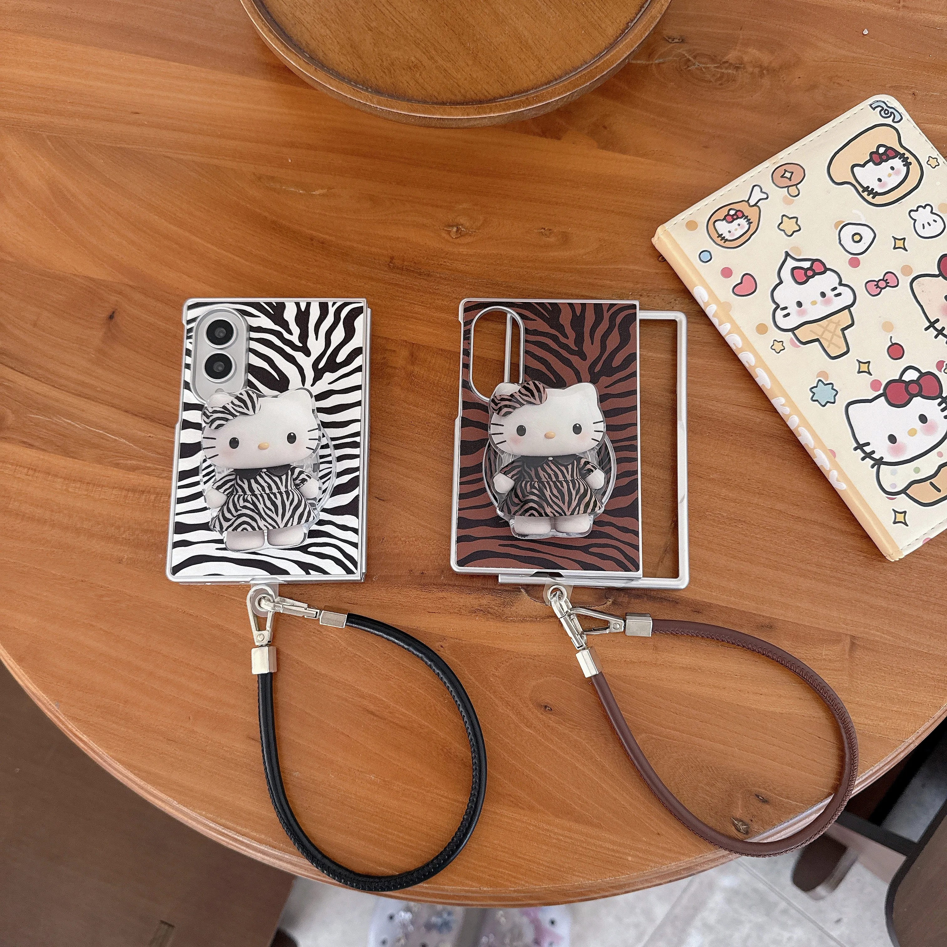 Fashion Zebra Print HelloKitty Phone Case For Samsung Galaxy Z Fold 8 7 6 5 4 Fold 8 Ultra With leather wrist lanyard 3D Stand