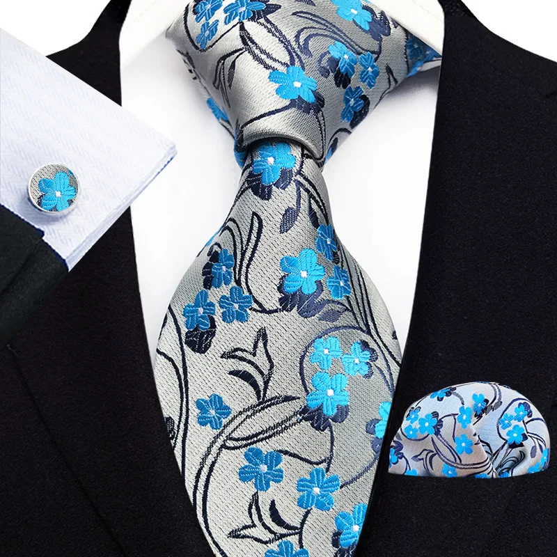 Blue Gold Floral Neck Tie For Men Luxury 8cm Wide Silk Wed Business Ties Pocket Square Cufflinks Set Men Accessories Gravata