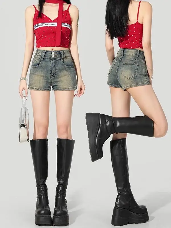 Retro Spicy Girl Double Buckle Design Jeans Shorts Women's Summer Slimming High Waist Versatile Bodycon Hot Pants