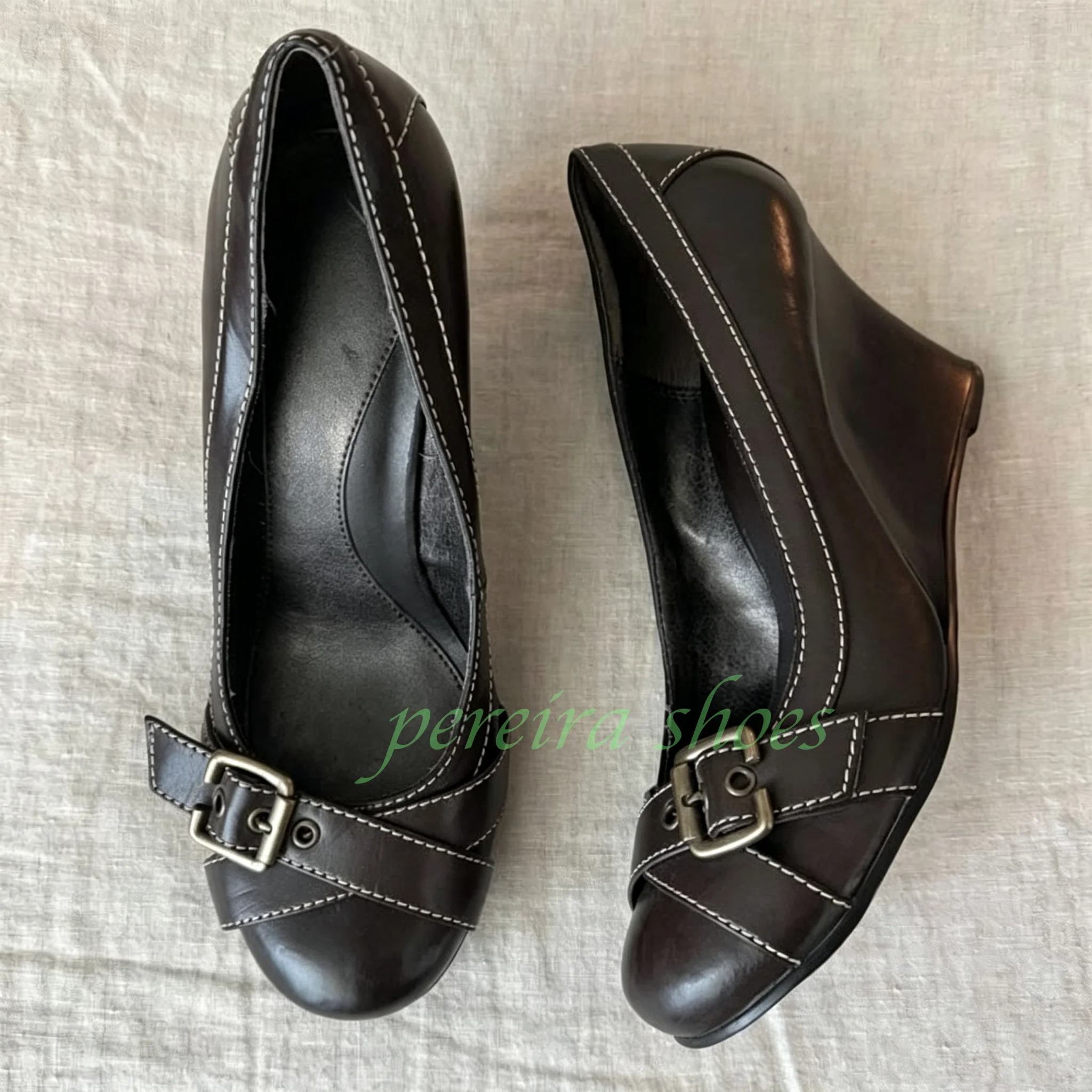 Vintage Style Wedge Pumps Dark Brown Faux Leather Crisscross Strap Metal Buckle Slip-On Women Casual Low Wedge Heel Shoes Size - AliExpress 322