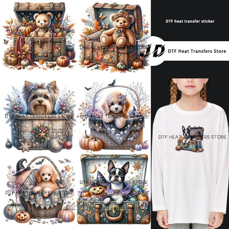 Festival Elf Dog Hides in Basket DTF Iron on transfer Heat Transfer On Clothes patches for clothing iron on heat transfer