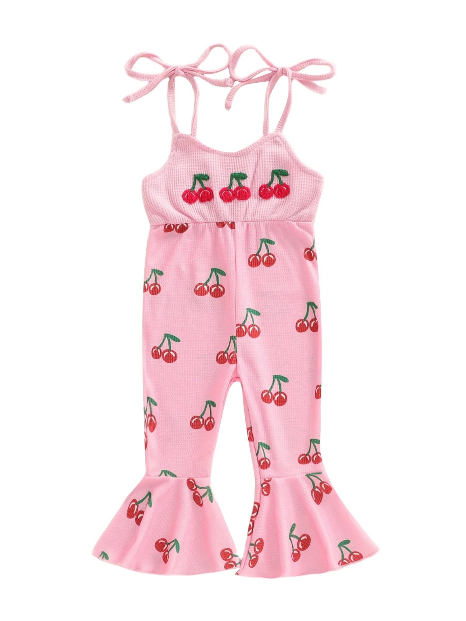 

Adorable Infant Girl Romper with Cute Fruit Print Adjustable Spaghetti Straps and Flared Bell Bottoms for a Stylish Look