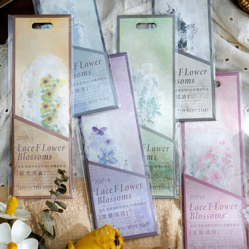 Yoofun 20pcs/lot Lace Corridor Vintage Flower Strip Material Decor PET Sticker Creative DIY Journal Collage Stationery Labels