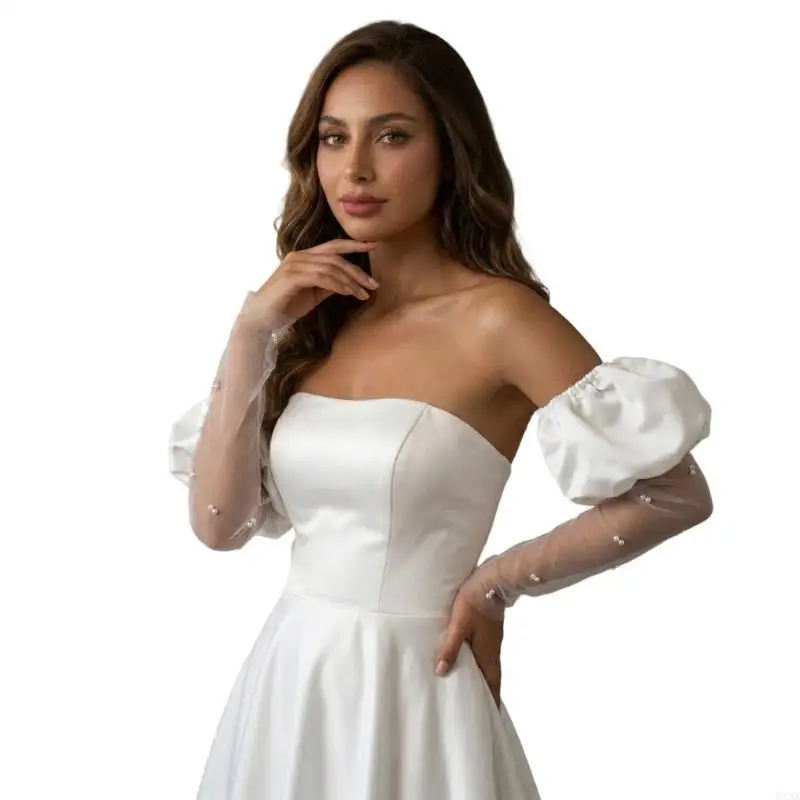 Stylish Sheer Bridal Gloves Puff Cuffs Design Pearls Beadwork Elastic Arm Sleeves 6XDA