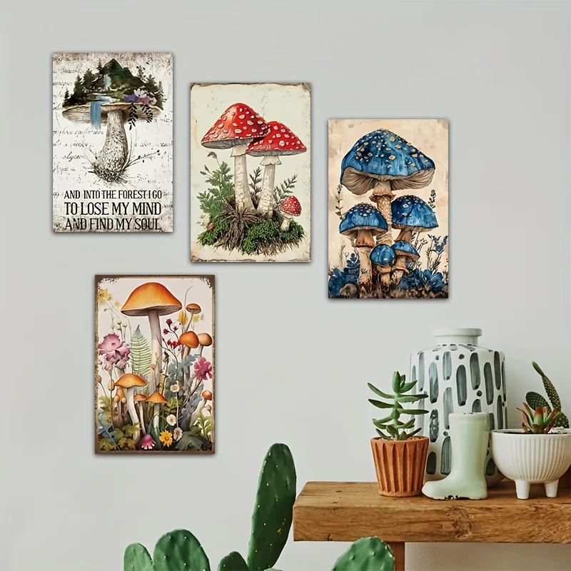 4pcs Vintage Metal Mushroom Wall Decor, Retro Square Tin Signs With Rustic Mushroom Caps & Stems,8x12 Inch Shroombase for Hooray