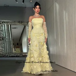 Giyu Luxury 3D Flowers Yellow Dubai Arabic Women Evening Dresses Mermaid Strapless Long Sleeves Floor length Prom Gowns Party