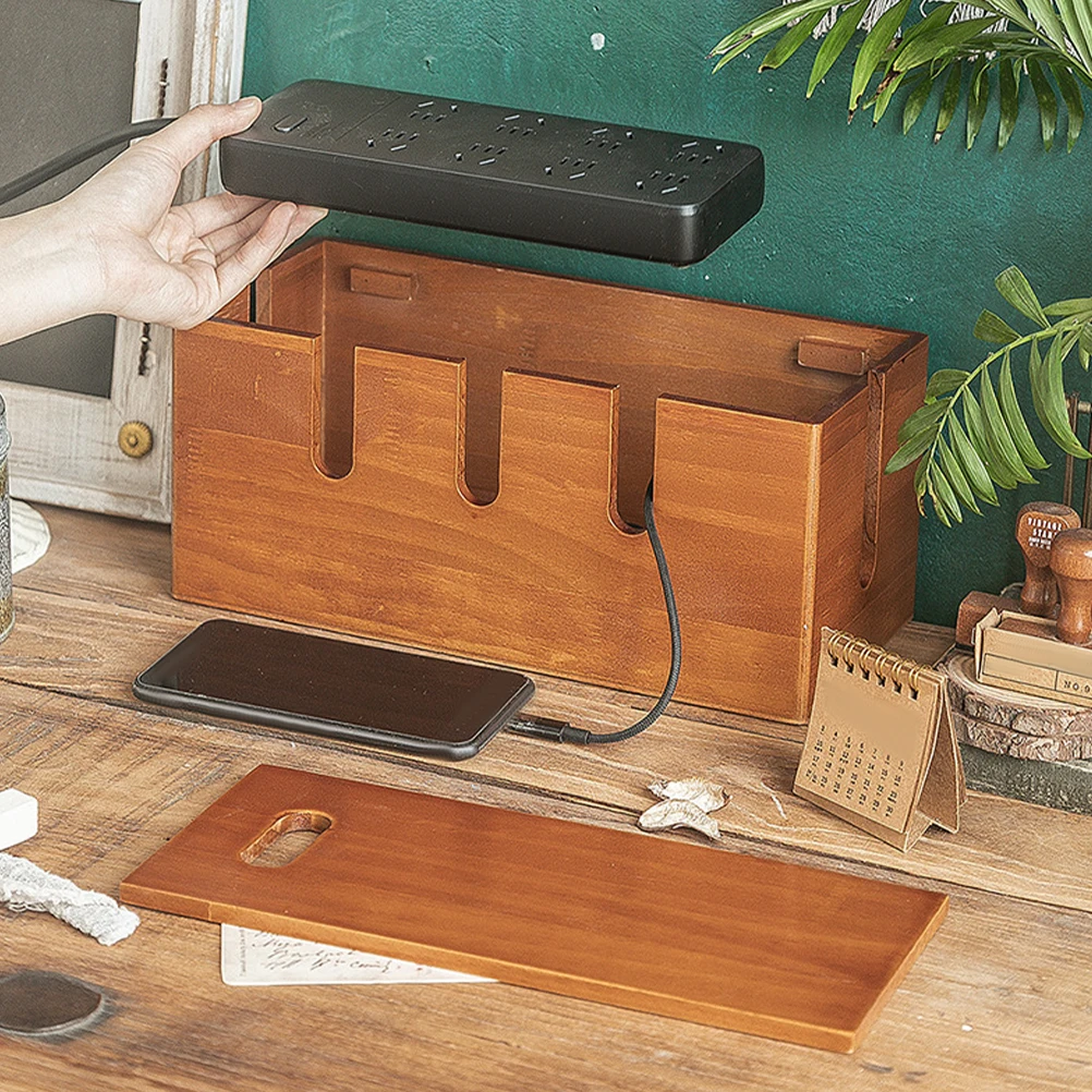 

Solid Wood Cable Management Box Desktop Organizer Storage Hider Router Cover Cord Box rustic home office