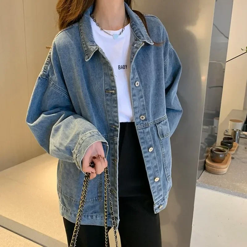 Abbigliamento popolare coreano Giacca di jeans a maniche lunghe per donna Capispalla blu 2025 Modelli Harajuku originale Nuovo in cappotto da cowboy Donna