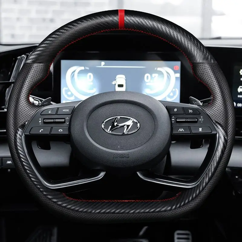 

for Hyundai Tucson Elantra Sonata Hand-Stitched Non-Slip Carbon Fiber genuine Leather D-type car Steering Wheel Cover