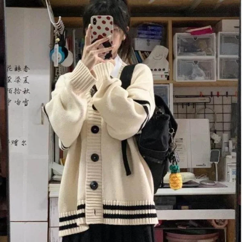 Cardigan Sweater Women Button V Neck Loose Sweater Coats Thick Striped Spliced Full Sleeve Jumpsuit Casual Autumn Winter