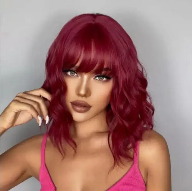 Short Wavy Red Wine Synthetic Bob Party Wigs Burgundy Wig with Bangs for Women