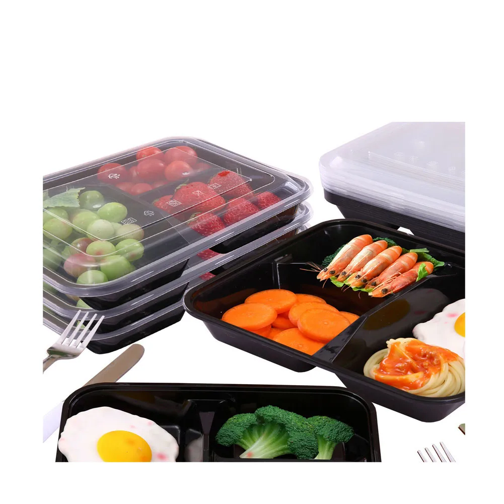 

10Pcs Meal Prep Containers 3-Compartment Black Stackable Microwave Freezer Safe Food Storage Bento Box for Work School Lunch