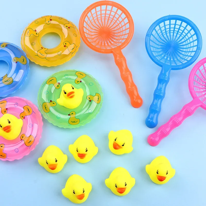 5Pcs/set Baby Bath Toy Kids Mini Floating Swimming Rings Rubber Yellow Ducks Fishing Net Washing Swimming Toddler Toys Water Fun