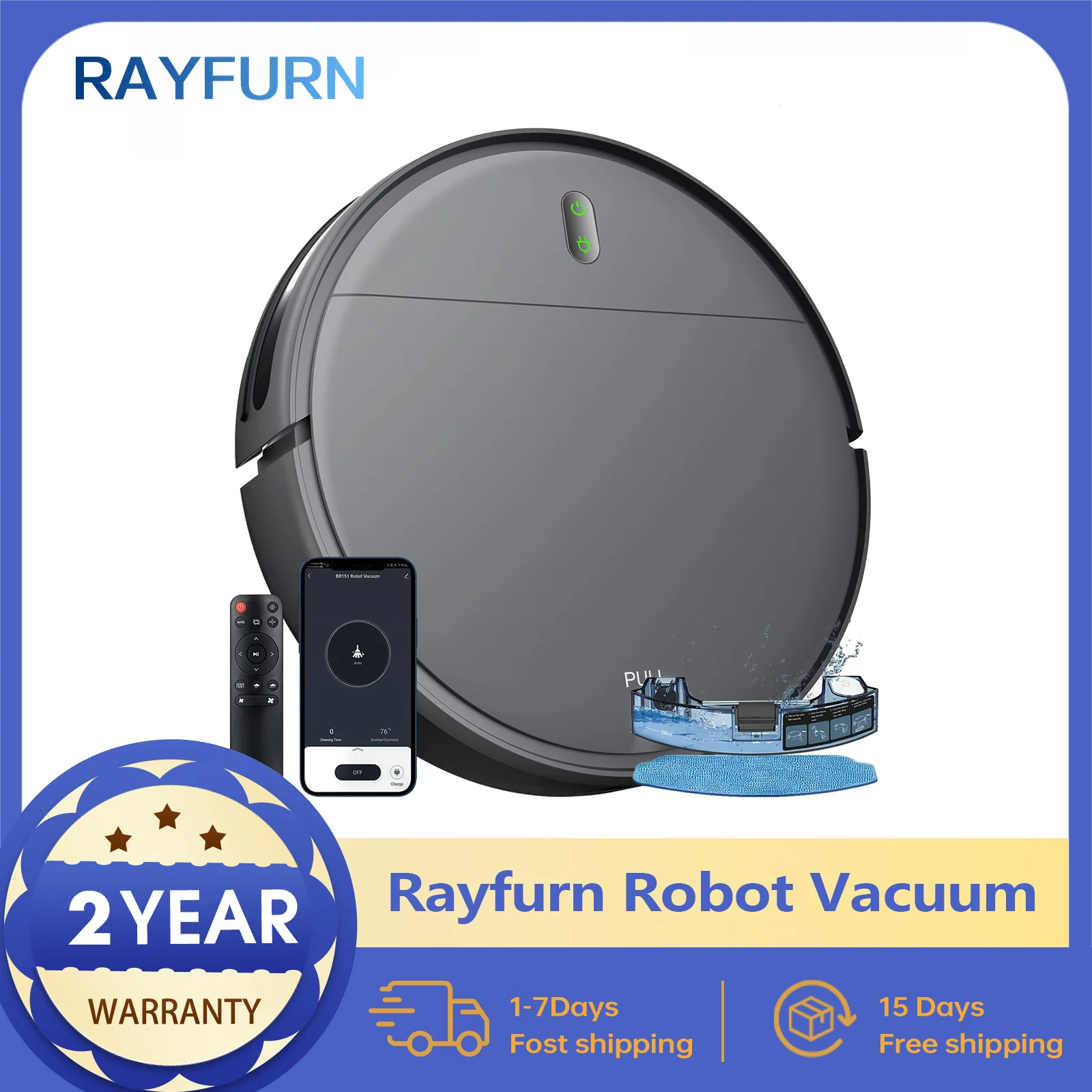 

Робот-пылесос Rayfurn BR151, швабра, умное управление через приложение, интеллектуальное планирование для домашнего мытья полов, ковер, чистка волос домашних животных