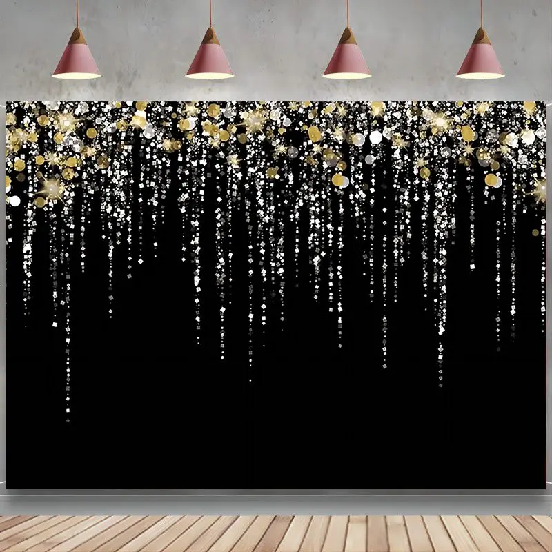 

Black and Gold Glitter Backdrop Birthday Wedding Prom Bridal Shower Photography Background Bokeh Sparkle Party Decoration Banner