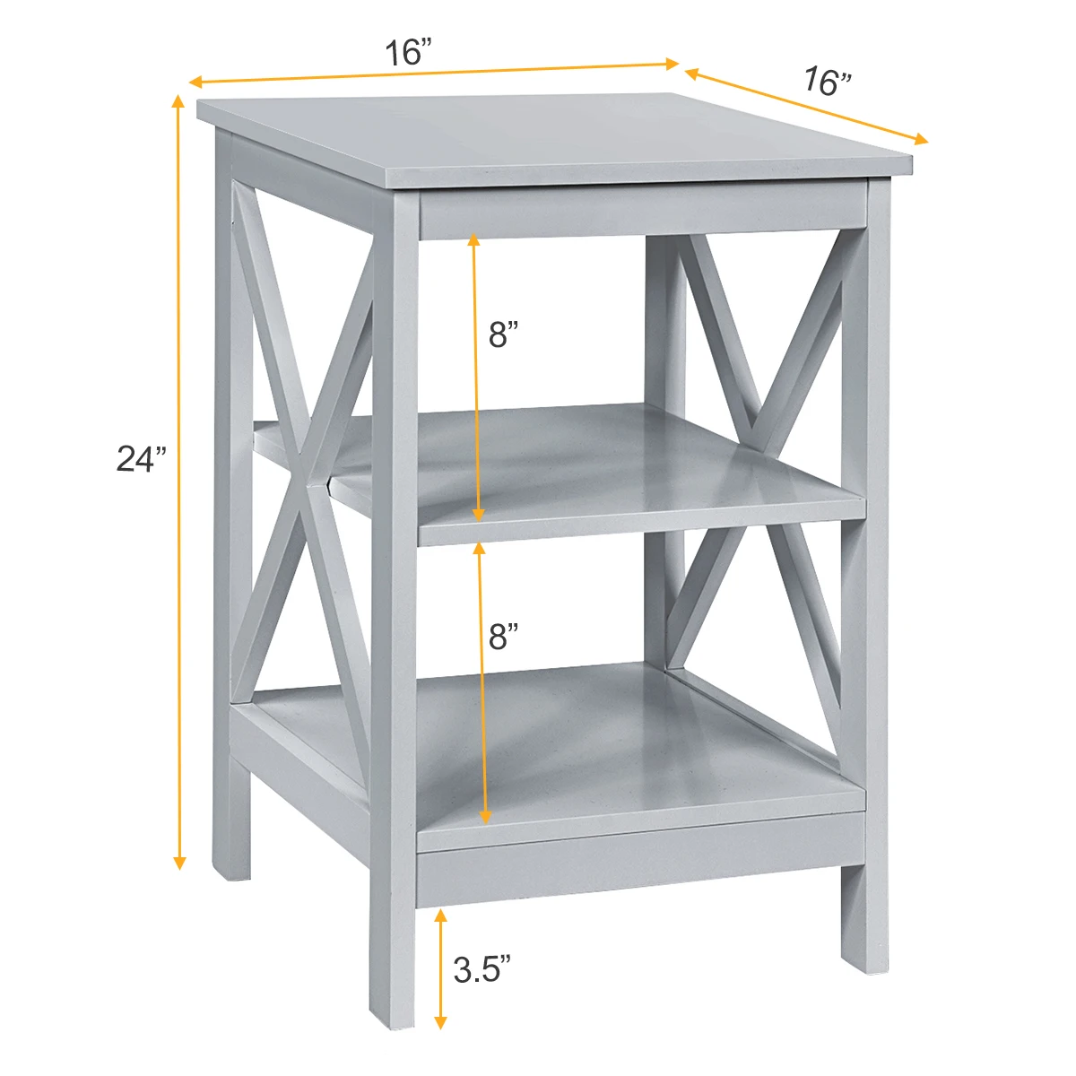 3-Tier Nightstand End Table X Design Storage Display Shelf Living Room Grey